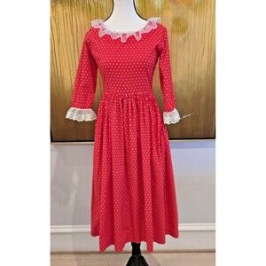 70s 80s VTG Handmade Dress Womens Small Red White Polka Dot Lace Trim Prairie